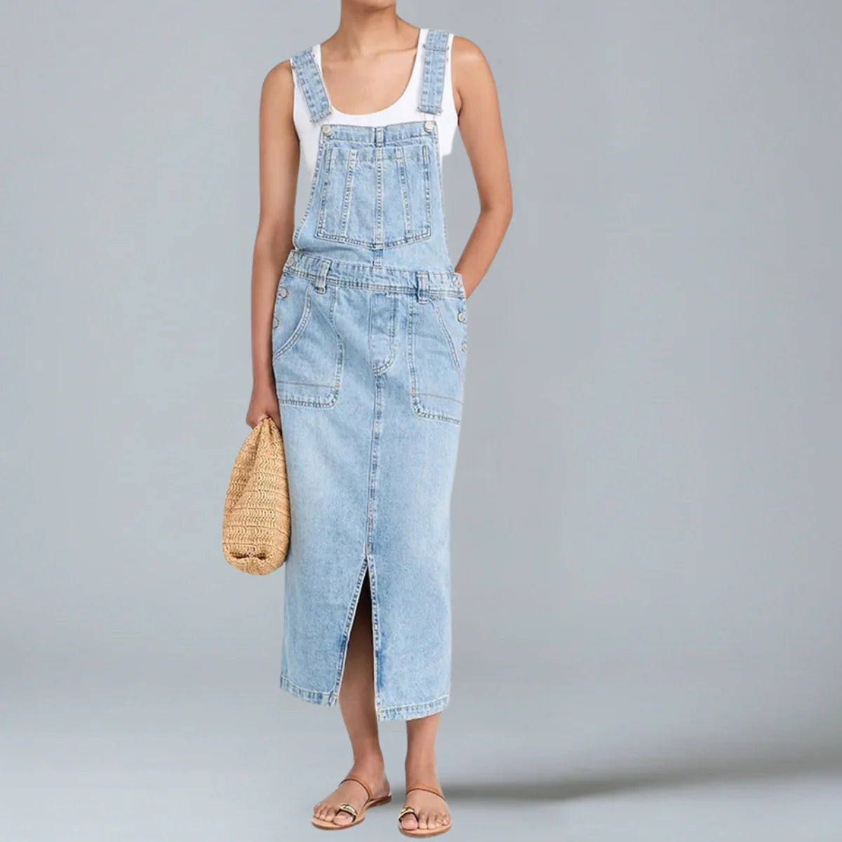 Gardaly Denim-Latzkleid mit Frontschlitz