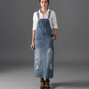 Gardaly Distressed-Denim-Latzkleid mit Rückenschlitz