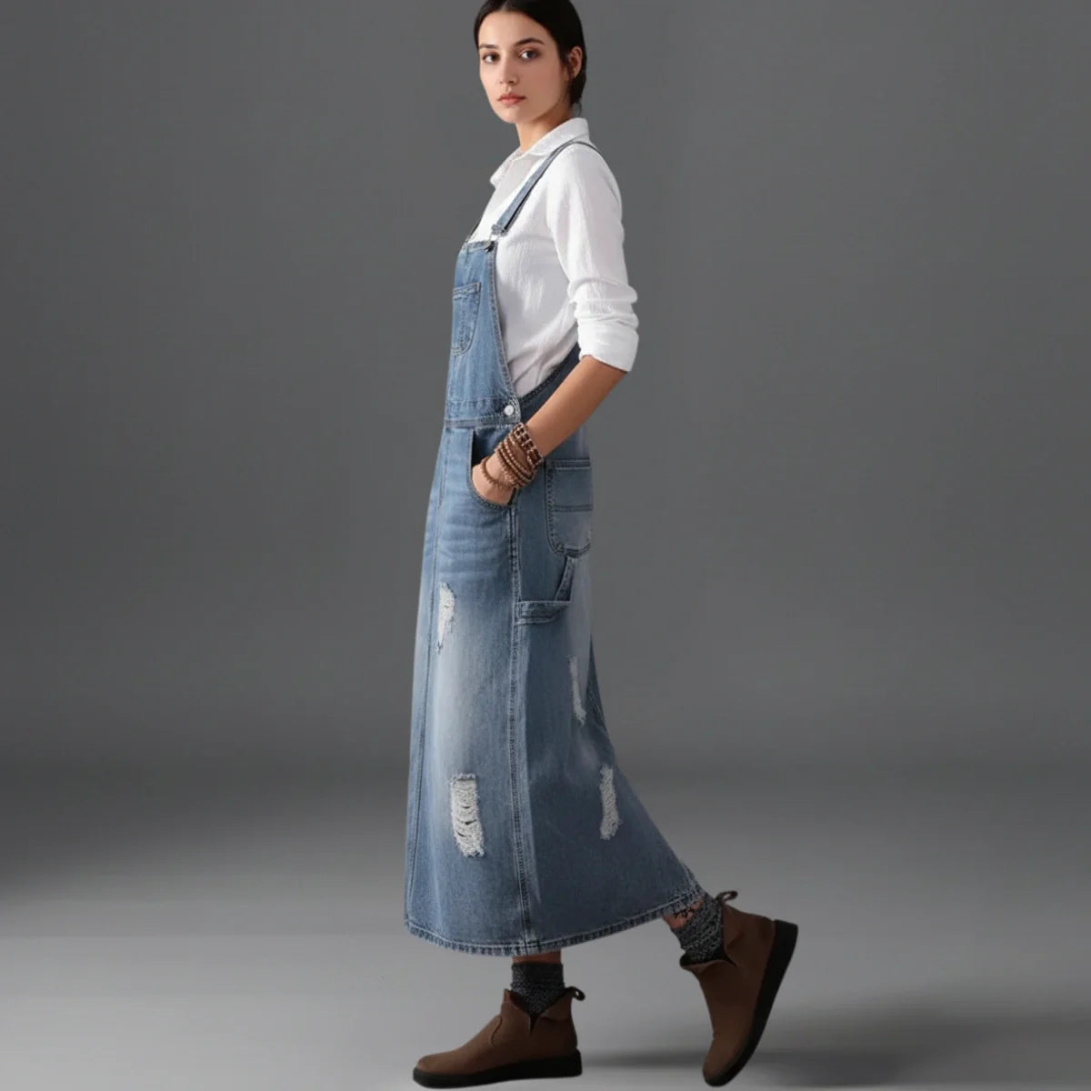 Gardaly Distressed-Denim-Latzkleid mit Rückenschlitz