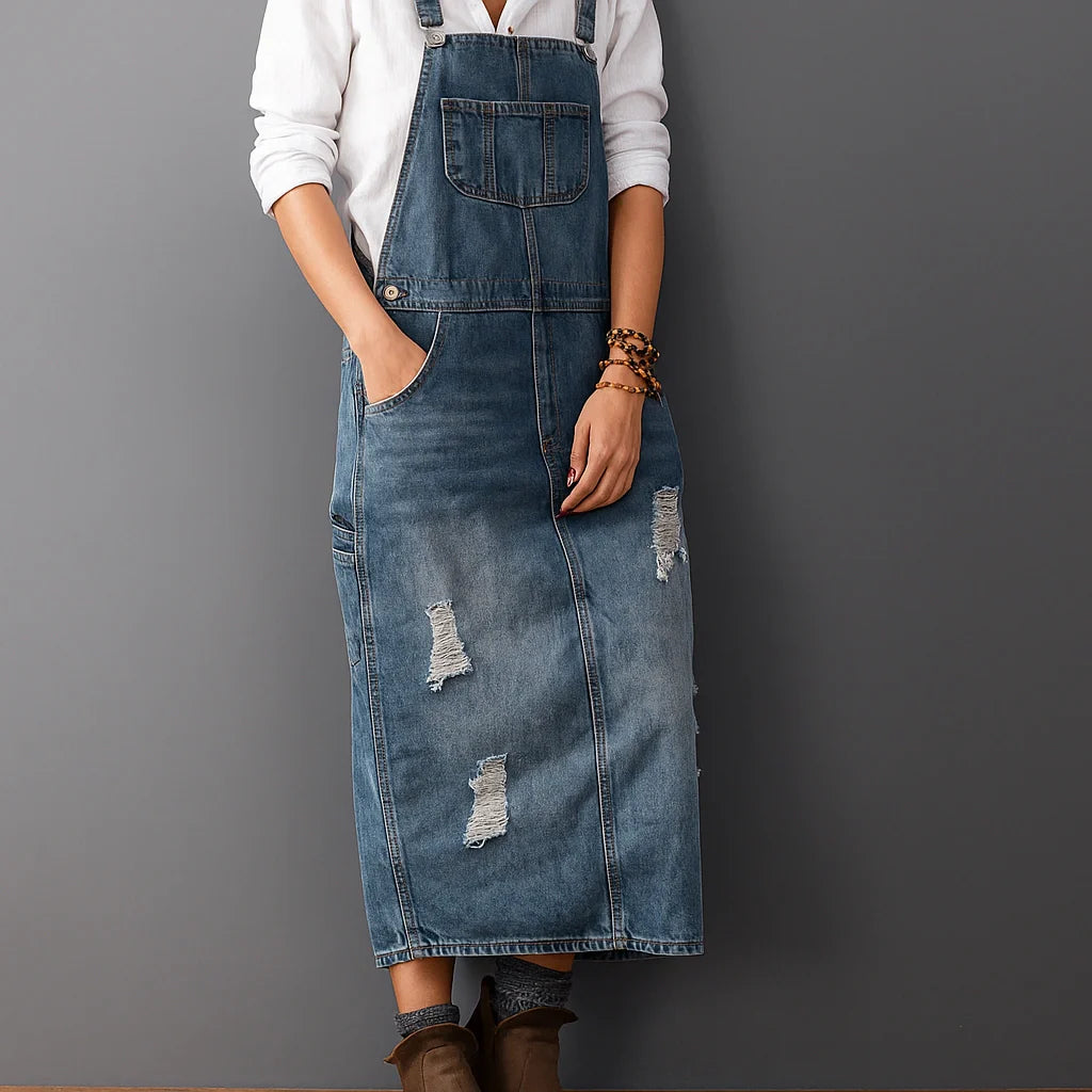 Gardaly Distressed-Denim-Latzkleid mit Rückenschlitz