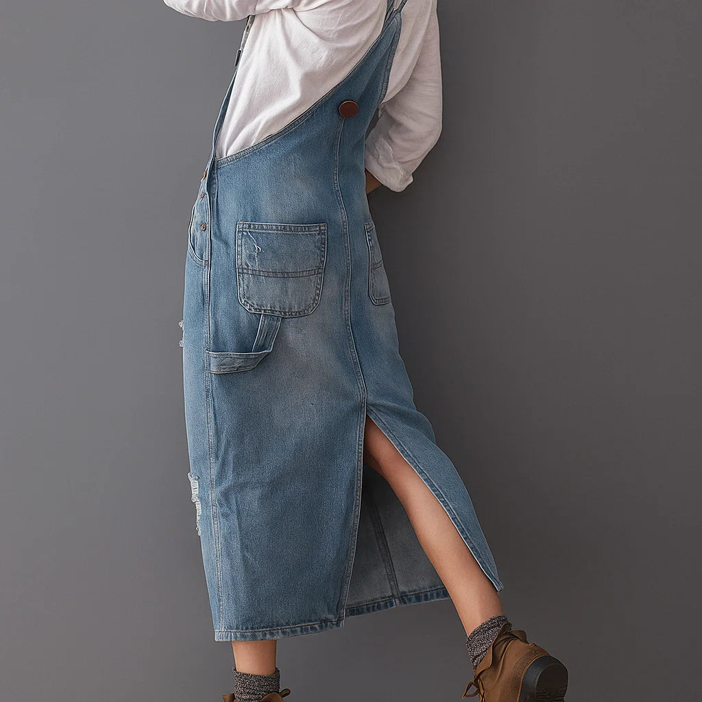 Gardaly Distressed-Denim-Latzkleid mit Rückenschlitz
