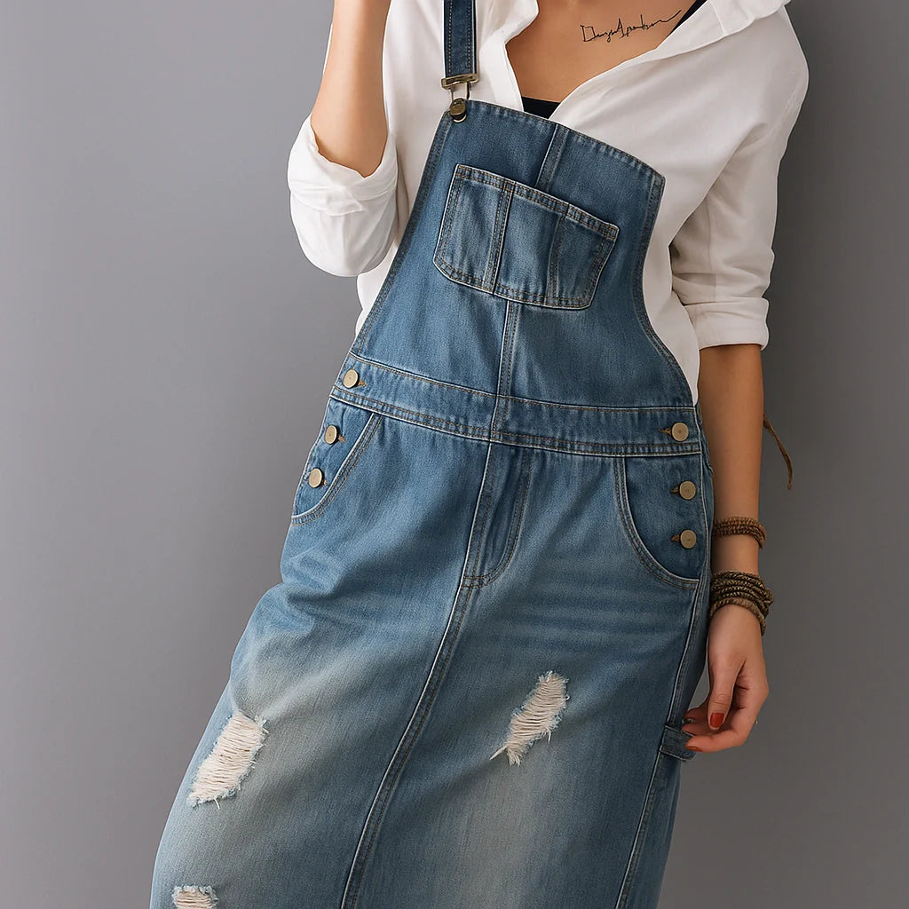 Gardaly Distressed-Denim-Latzkleid mit Rückenschlitz