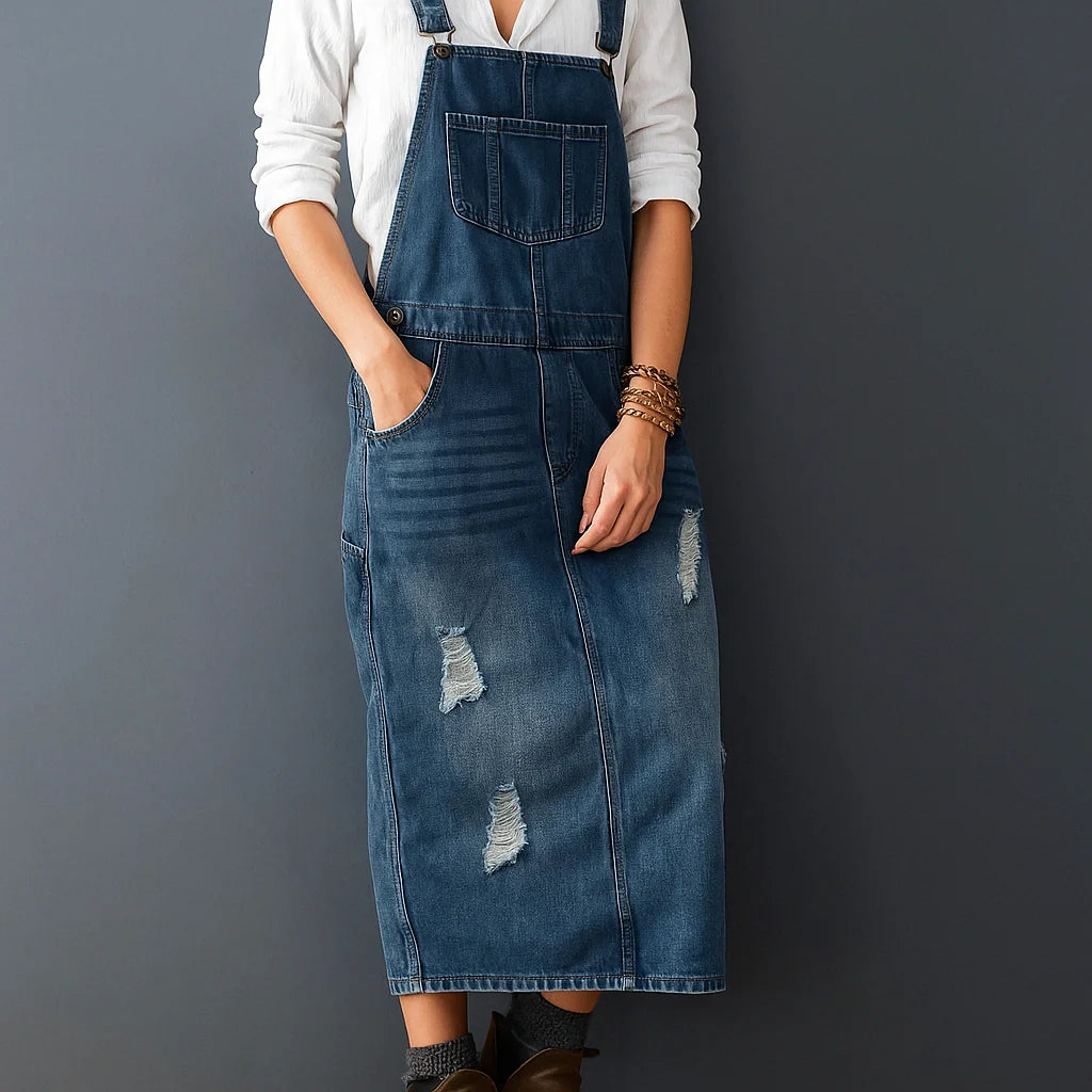 Gardaly Distressed-Denim-Latzkleid mit Rückenschlitz