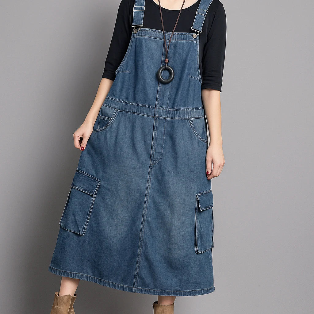 Gardaly Locker geschnittenes Denim-Latzkleid