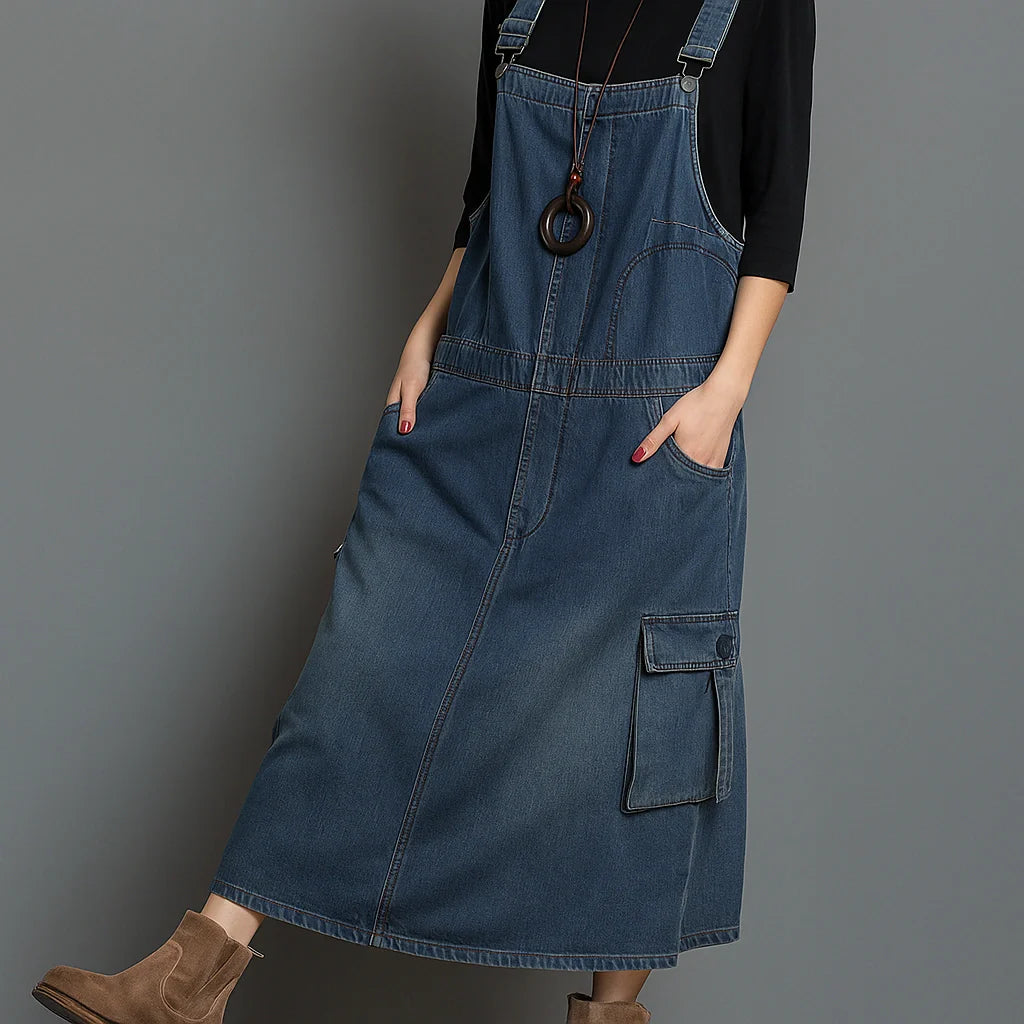 Gardaly Locker geschnittenes Denim-Latzkleid