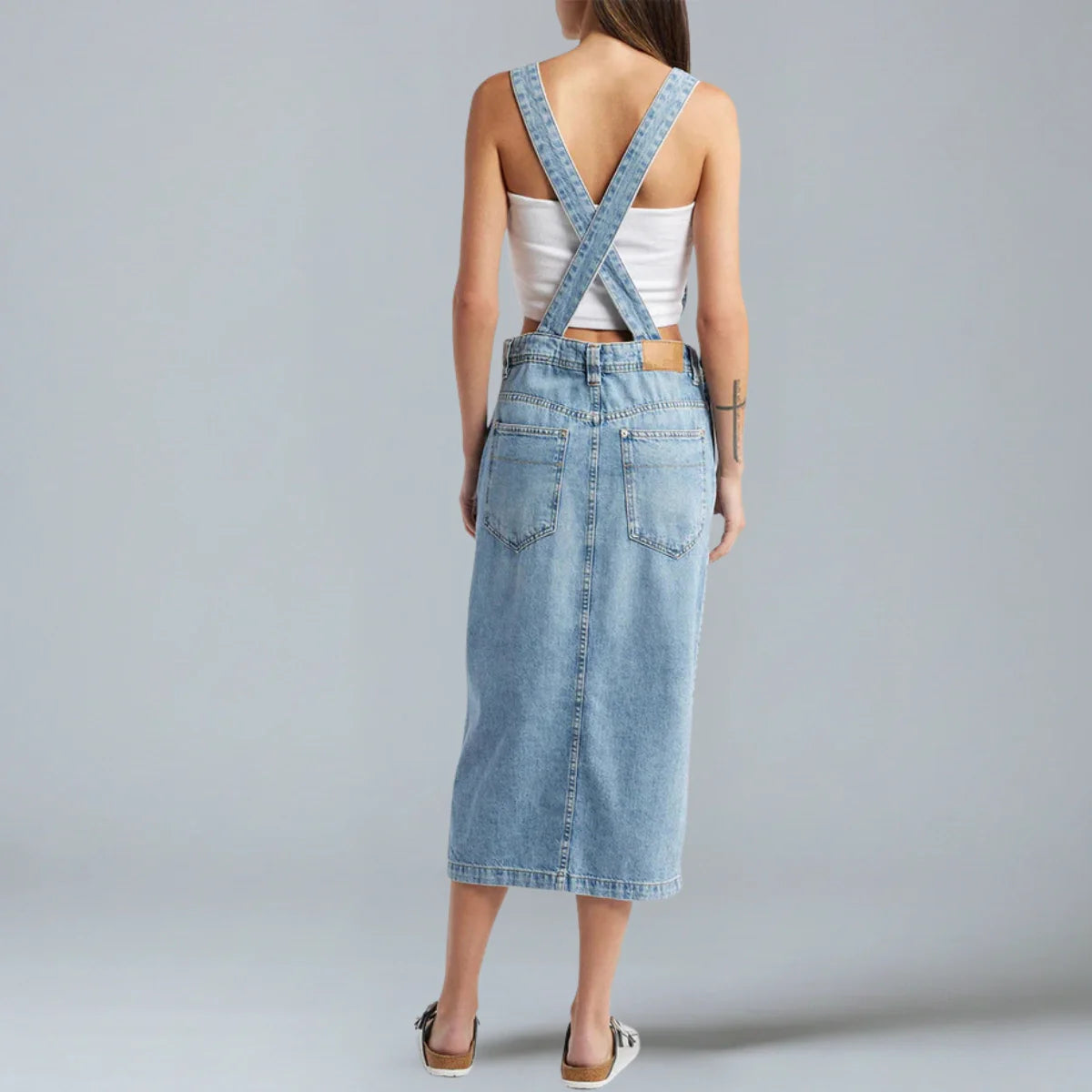 Gardaly Denim-Latzkleid mit Frontschlitz