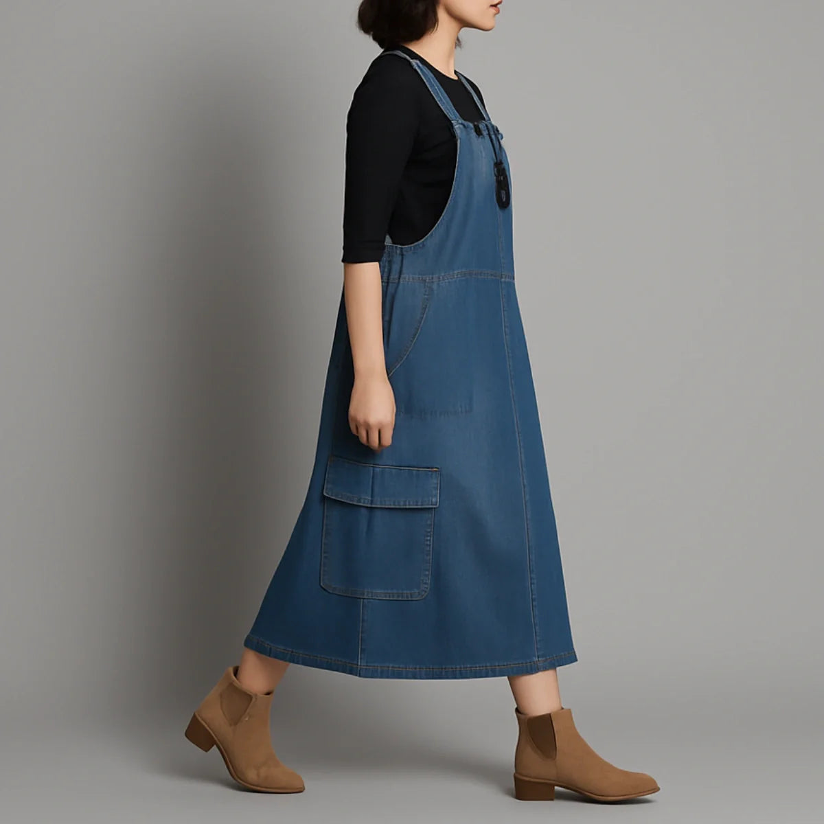 Gardaly Locker geschnittenes Denim-Latzkleid